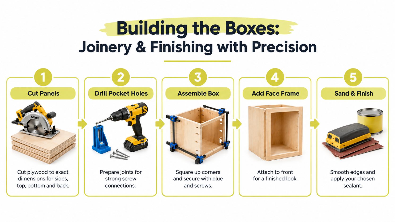A step-by-step infographic illustrating five stages of building wooden cabinet boxes using basic woodworking tools.
