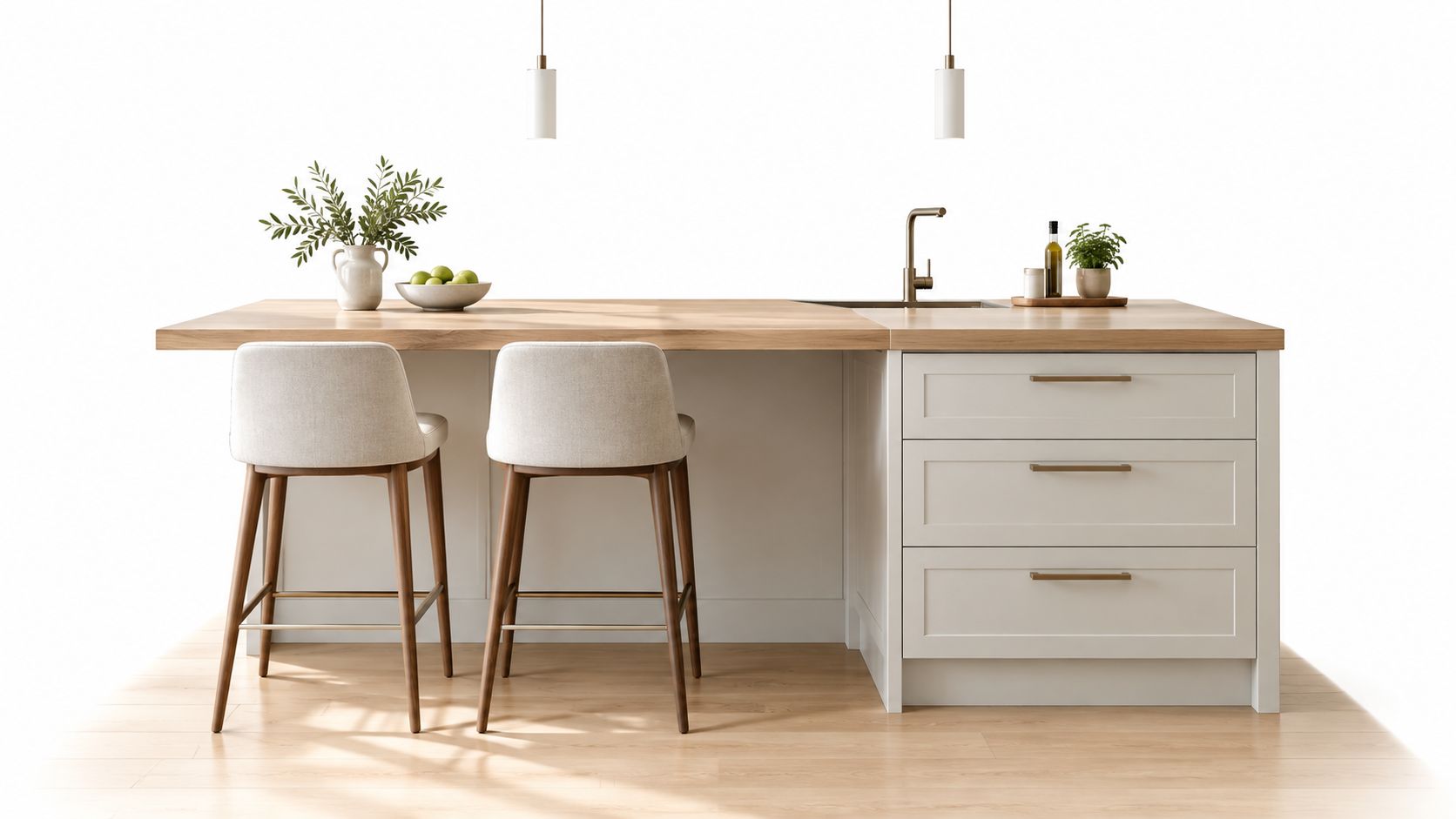 A modern kitchen island with light wooden countertop, two cream chairs, and integrated sink on white floor.
