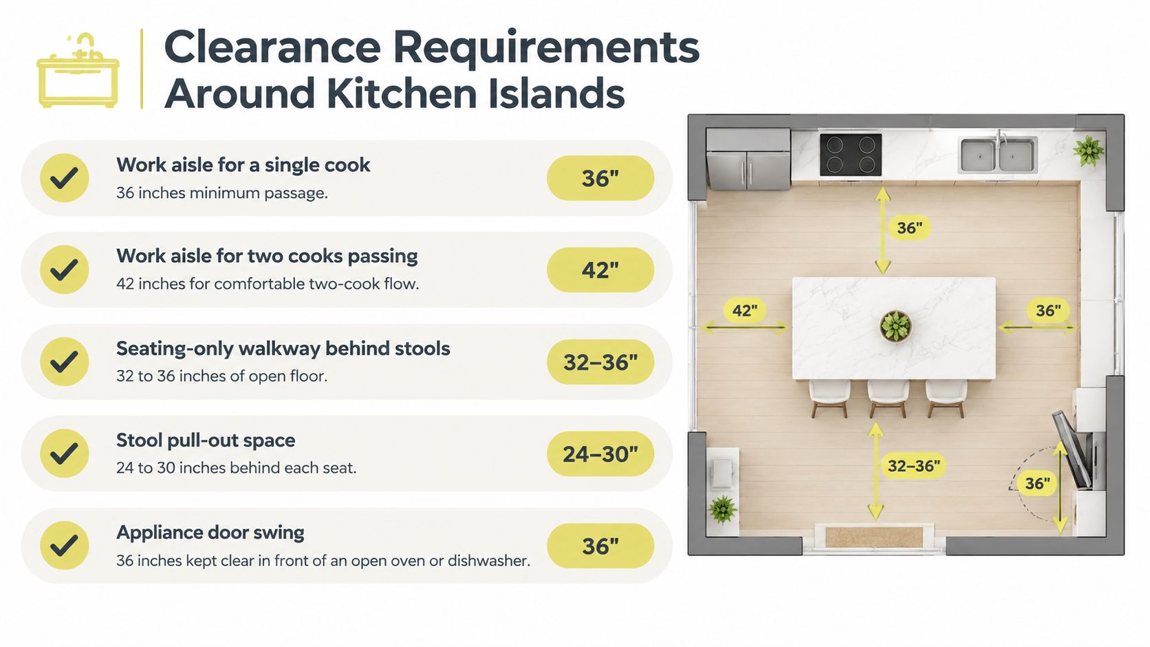 A diagram illustrating recommended clearance measurements for kitchen islands, including aisles, seating, and appliance space requirements.