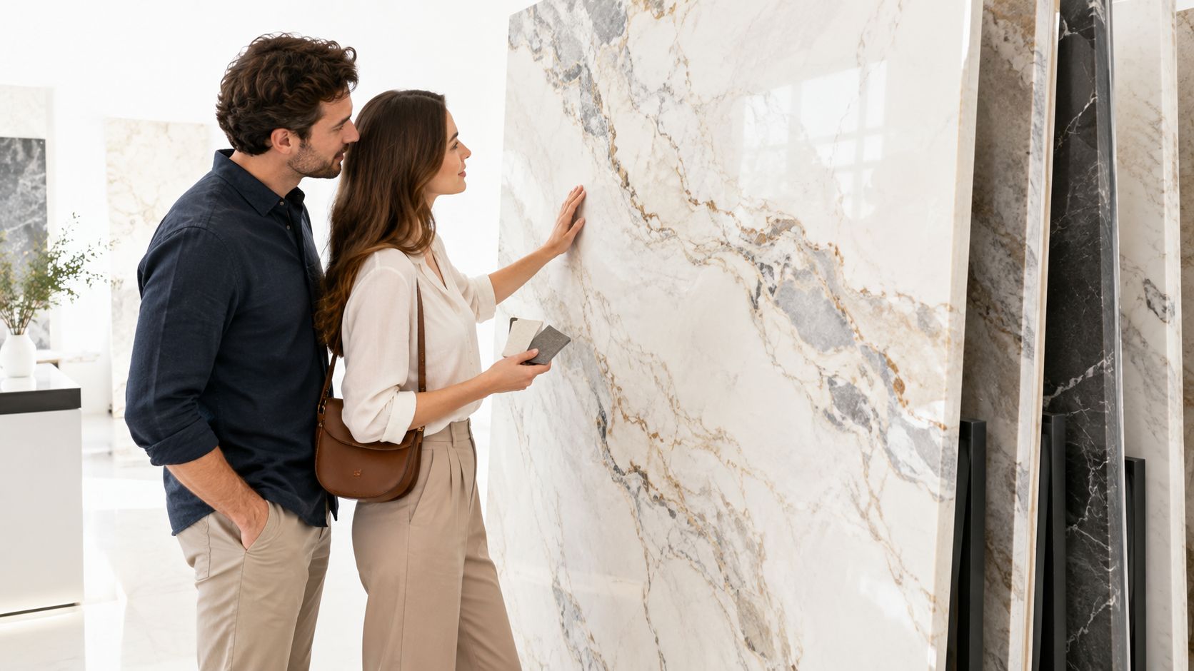A couple examining a large marble slab while holding small sample tiles at a stone showroom.