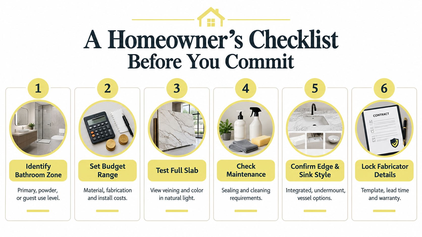 A six-step homeowner checklist illustrating the planning process for installing new bathroom countertops and renovation details.