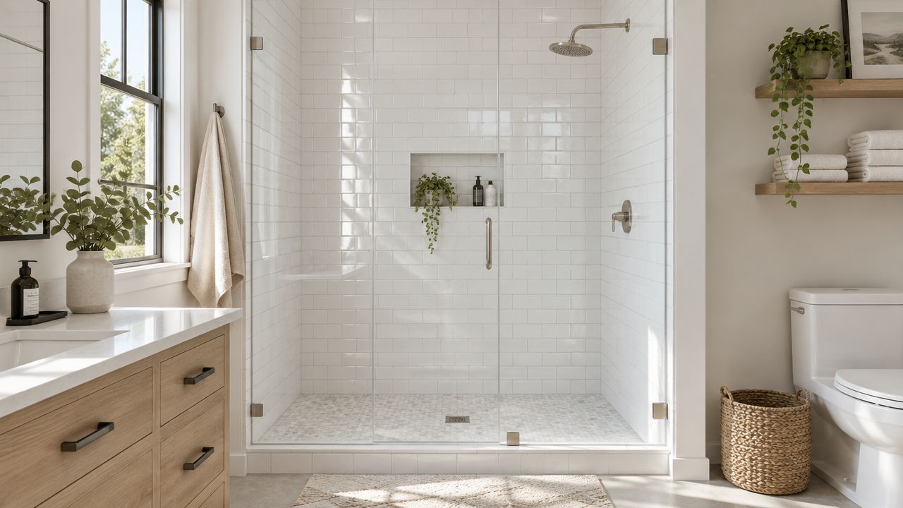 A modern, bright bathroom with a walk-in glass shower, subway tile walls, and a light wood vanity.
