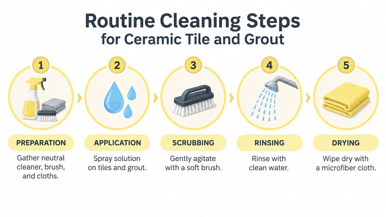A five-step infographic showing how to clean ceramic tile and grout using cleaning supplies, water, and cloths.