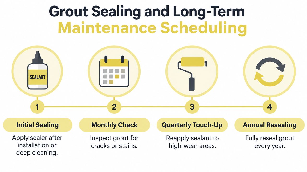 A maintenance schedule infographic explaining steps for grout sealing from initial application to annual resealing.