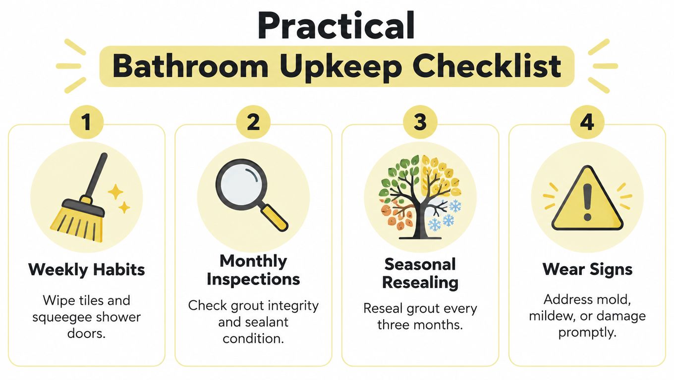 A four-step checklist graphic for maintaining bathroom tile, featuring tips for weekly cleaning and seasonal maintenance.