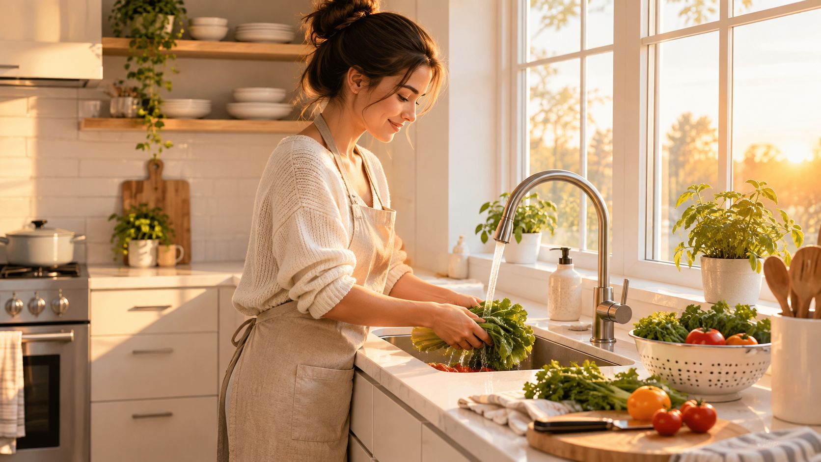 A woman wearing an apron washing fresh leafy greens in a bright sunlit kitchen sink.