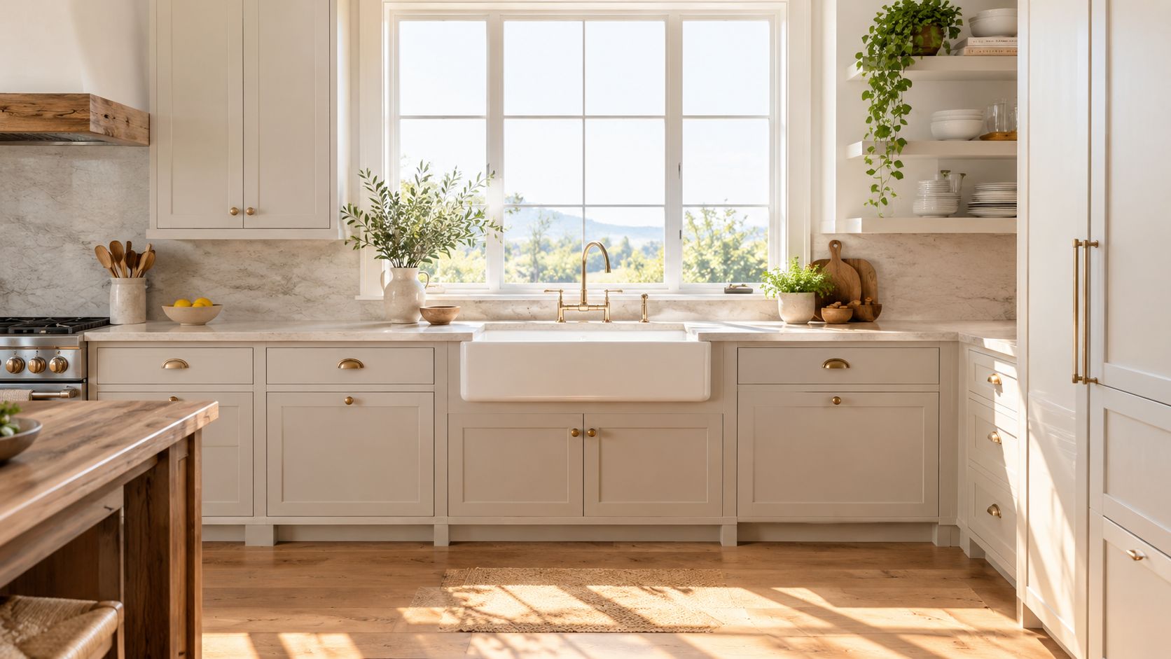 Bright, modern farmhouse kitchen featuring a white apron-front sink, light wood flooring, and gold cabinet hardware.