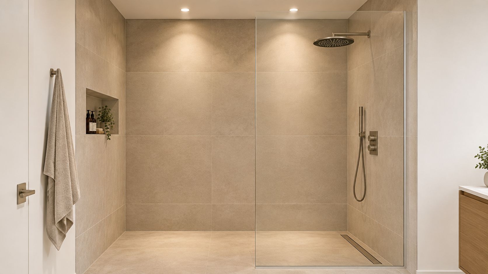 A modern walk-in shower with minimalist beige stone tiles, recessed lighting, and a sleek glass partition.