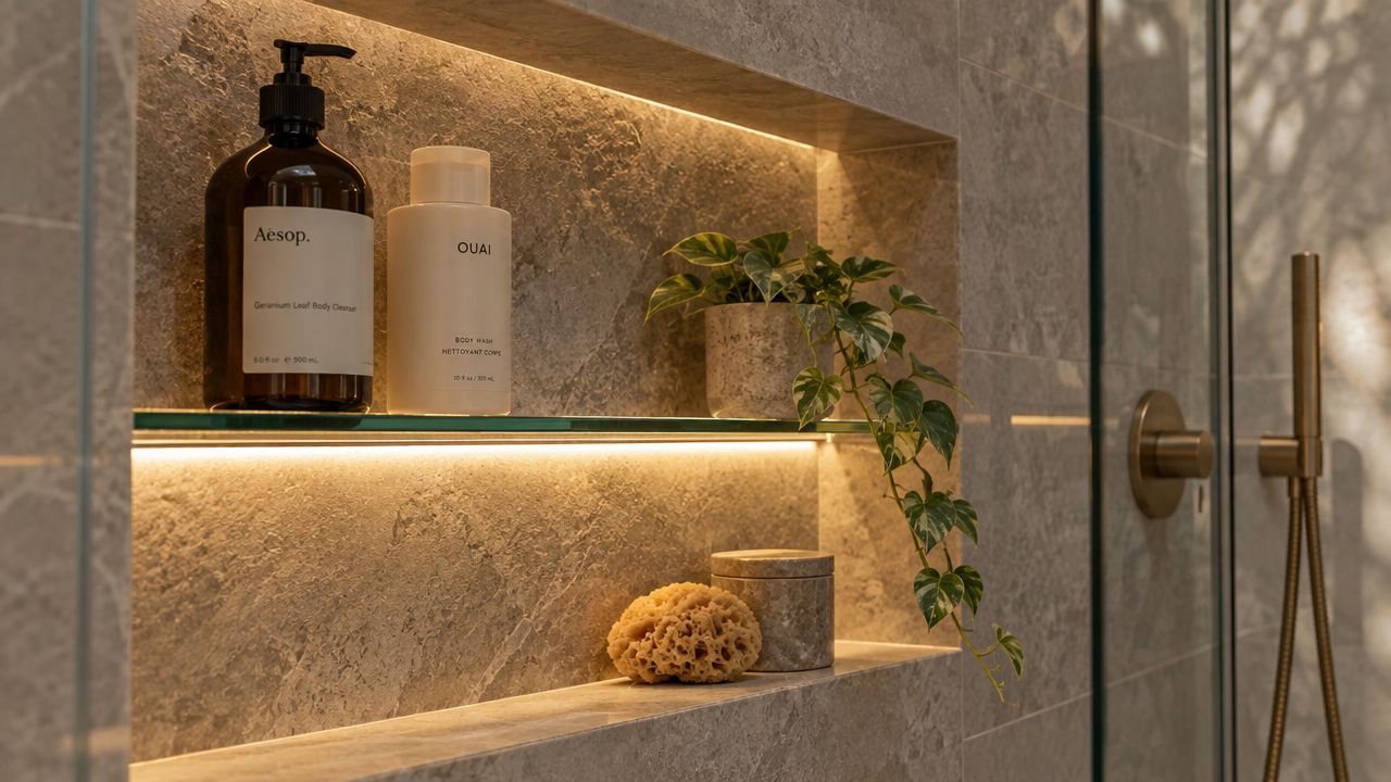 A modern shower wall niche with integrated warm LED lighting, featuring luxury toiletries and a small plant.