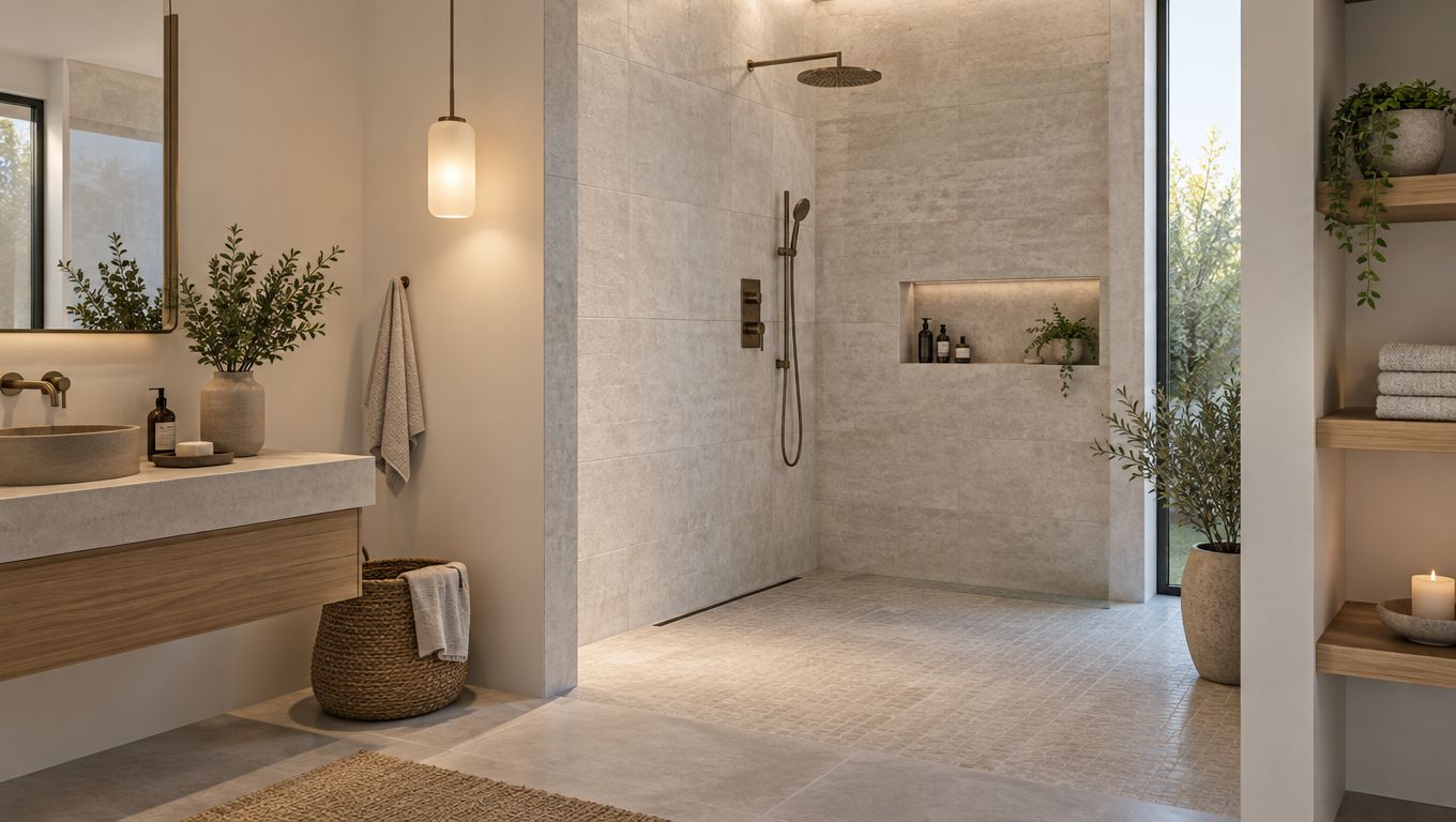 A luxurious modern bathroom featuring a spacious walk-in shower with stone tiles and warm ambient lighting.