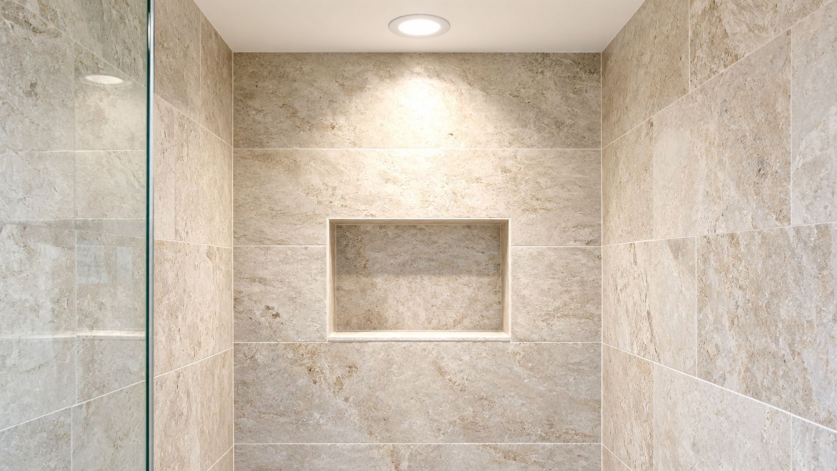 A modern shower stall featuring beige stone tiles, a built-in wall niche, and recessed ceiling lighting.