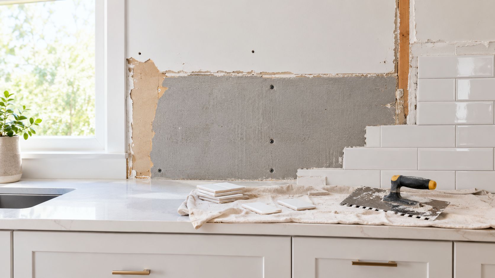 Installation of white subway tiles on a kitchen wall showing mortar, a notched trowel, and tiles.