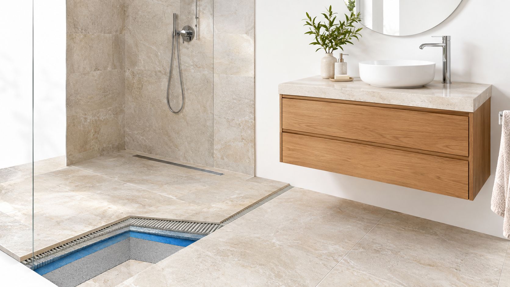 A cutaway view showing the subfloor construction layers beneath tiled bathroom floor and shower area.