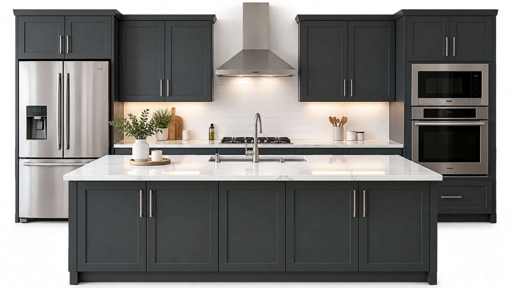 A modern kitchen interior featuring dark charcoal cabinets, a white marble island, and high-end stainless steel appliances.