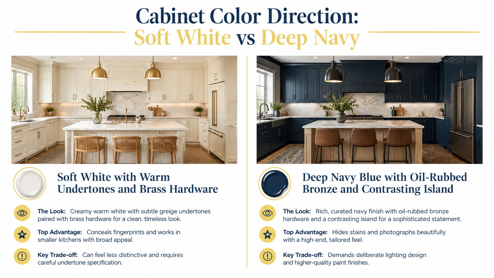 A comparison graphic showing a kitchen with soft white cabinets versus one with deep navy blue cabinets.