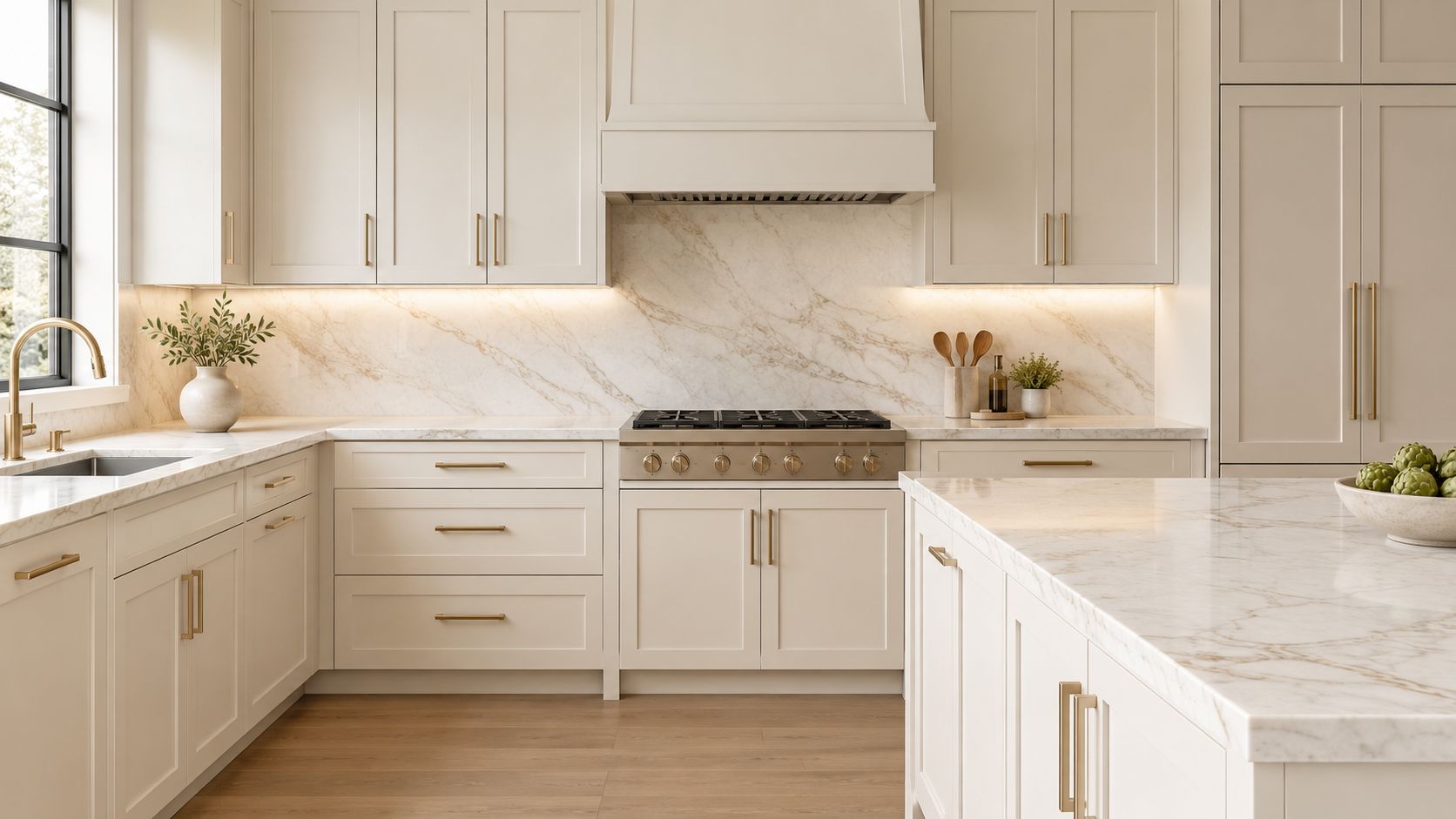 A modern kitchen with cream-colored cabinets, marble countertops, brass hardware, and a clean minimalist design style.