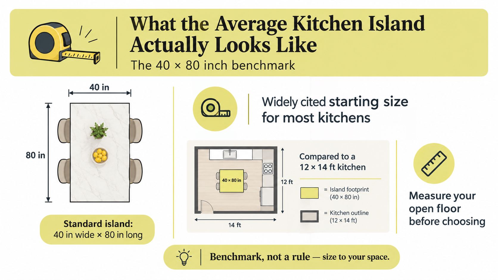 An infographic detailing the average dimensions of a standard kitchen island at 40 by 80 inches.