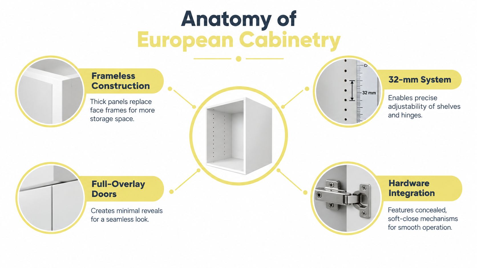 An infographic detailing the four primary construction elements of European style cabinetry with descriptive text annotations.