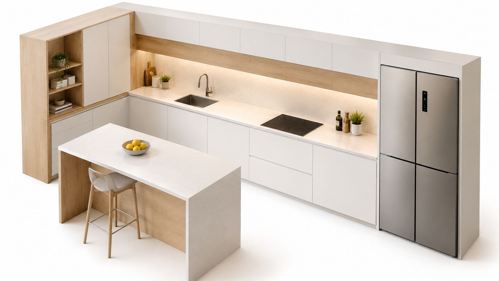 A modern European-style L-shaped kitchen featuring white cabinets, wood accents, a kitchen island, and stainless steel appliances.