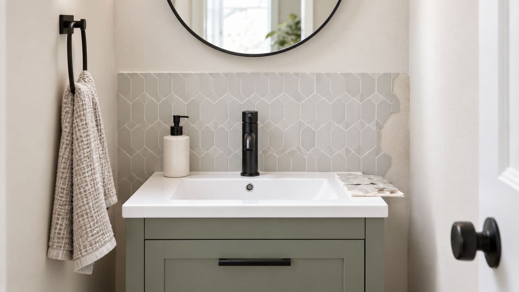 A modern bathroom vanity with sage green cabinets, black hardware, and light gray elongated hexagon tile backsplash.