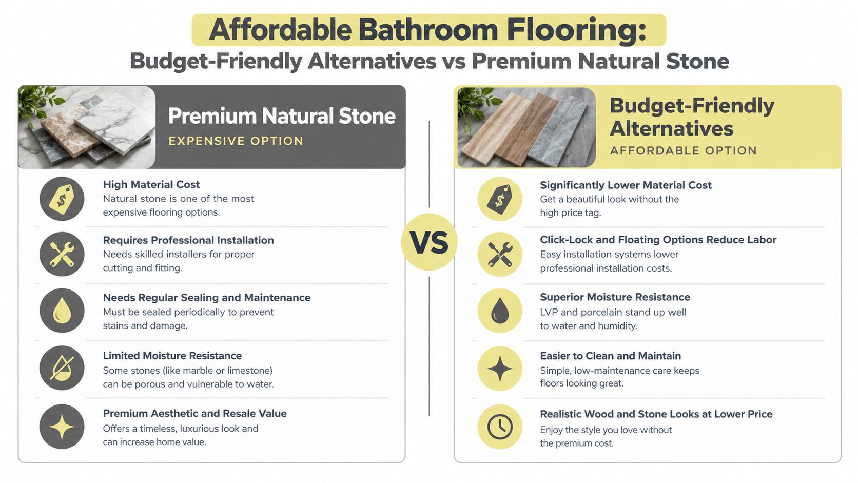 A comparison infographic between premium natural stone and affordable bathroom flooring alternatives for home renovations.