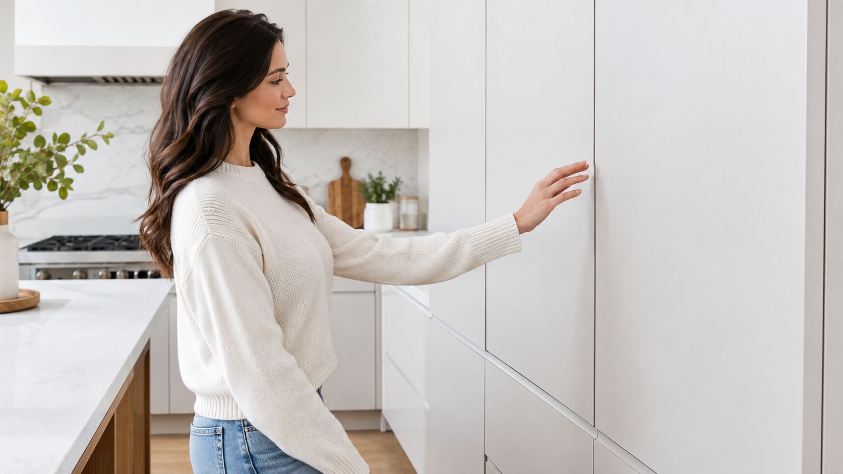A woman in a cream sweater opening a modern, integrated white refrigerator in a minimalist kitchen.