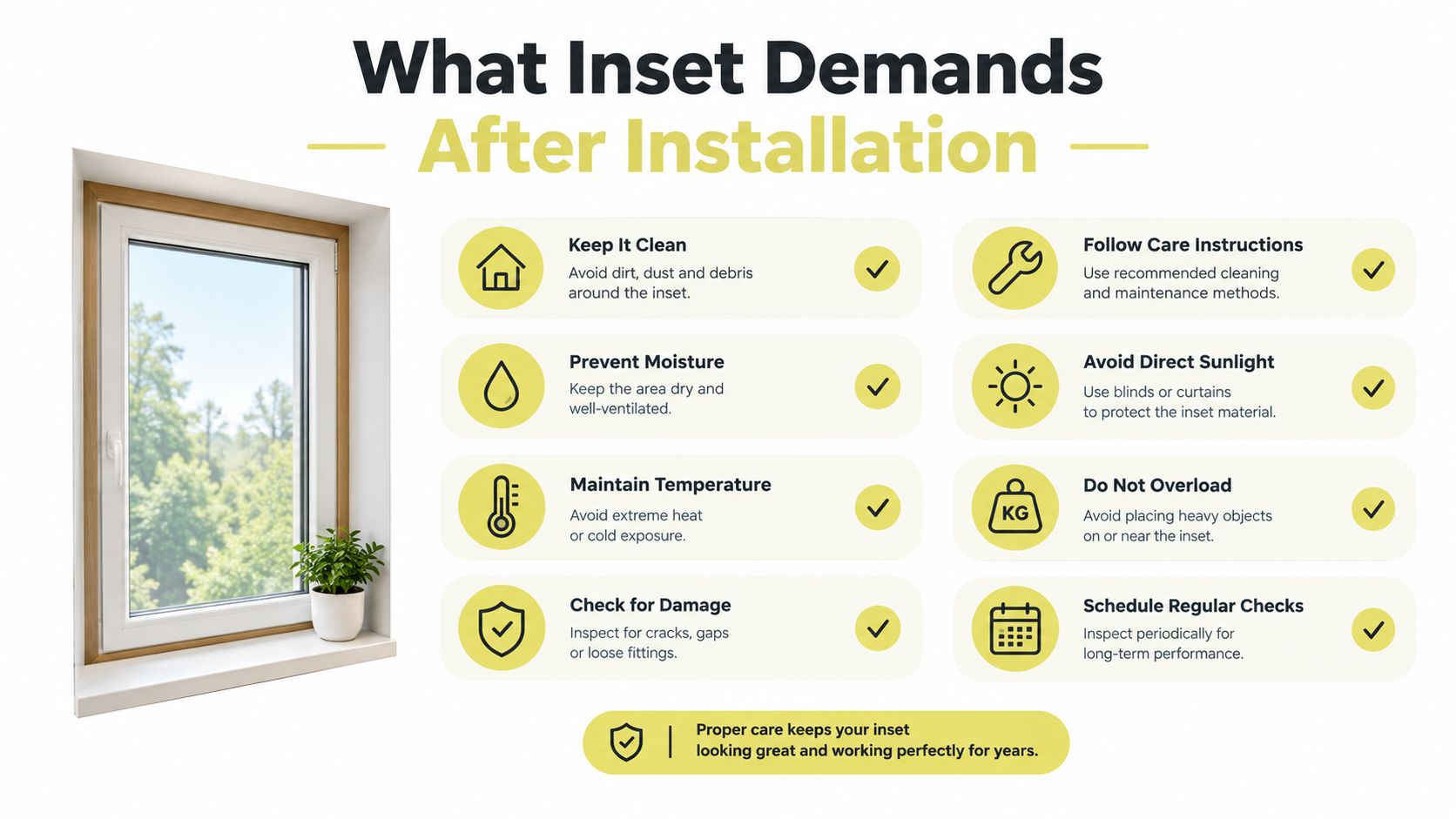 An infographic detailing essential post-installation maintenance tips to keep inset window installations in perfect working condition.