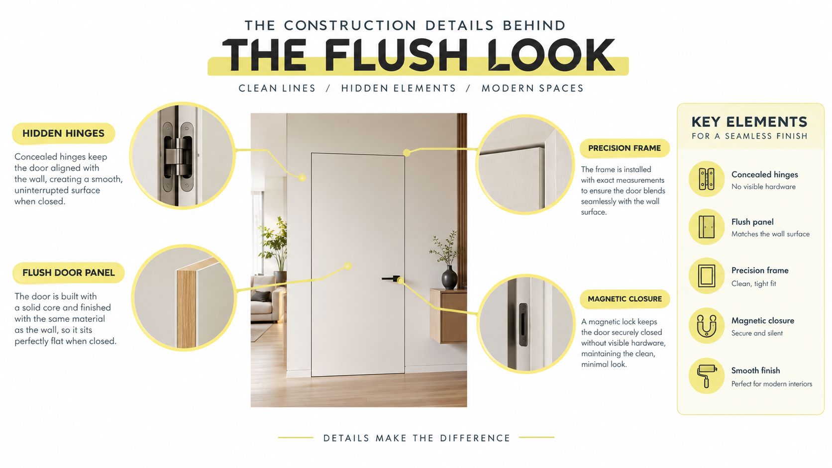 An infographic detailing the construction features of a seamless flush interior door for modern home design.