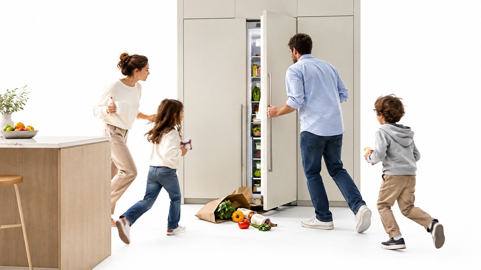 A family of four active in a bright kitchen as a father opens their modern minimalist refrigerator.