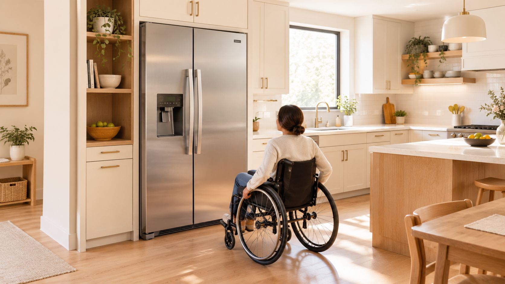A woman in a wheelchair facing a modern stainless steel refrigerator in a bright, spacious home kitchen.