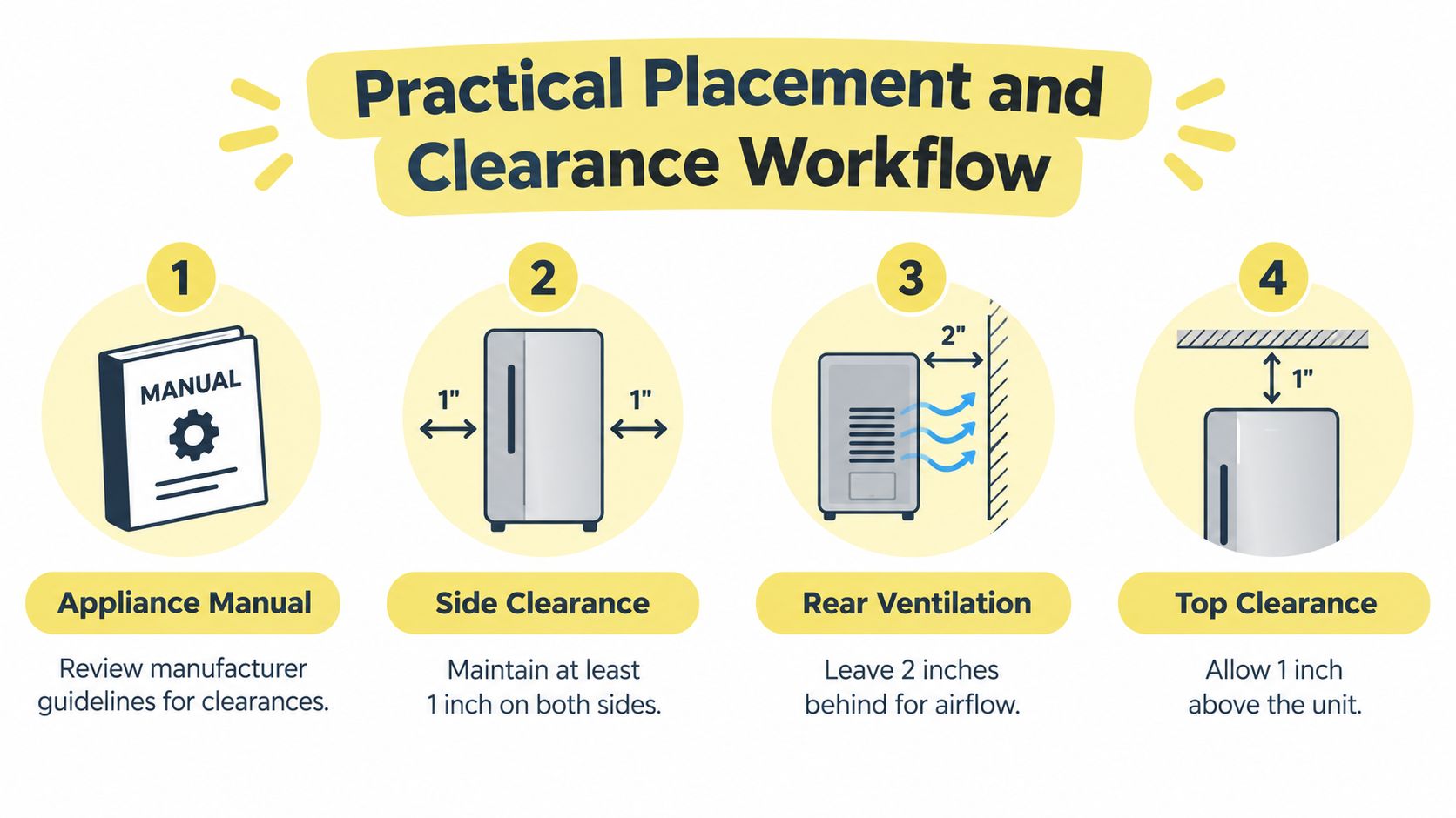 A four-step infographic illustrating essential clearance guidelines for proper refrigerator placement in a kitchen or home.