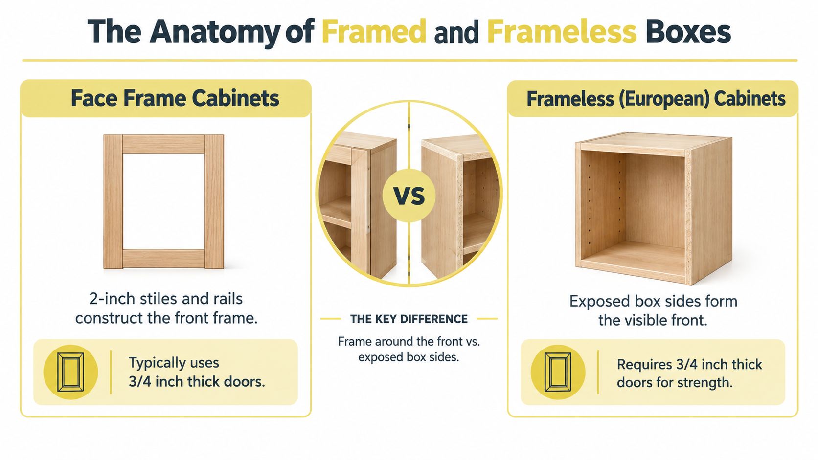 An infographic comparing the structural design differences between face frame and frameless European-style cabinets.
