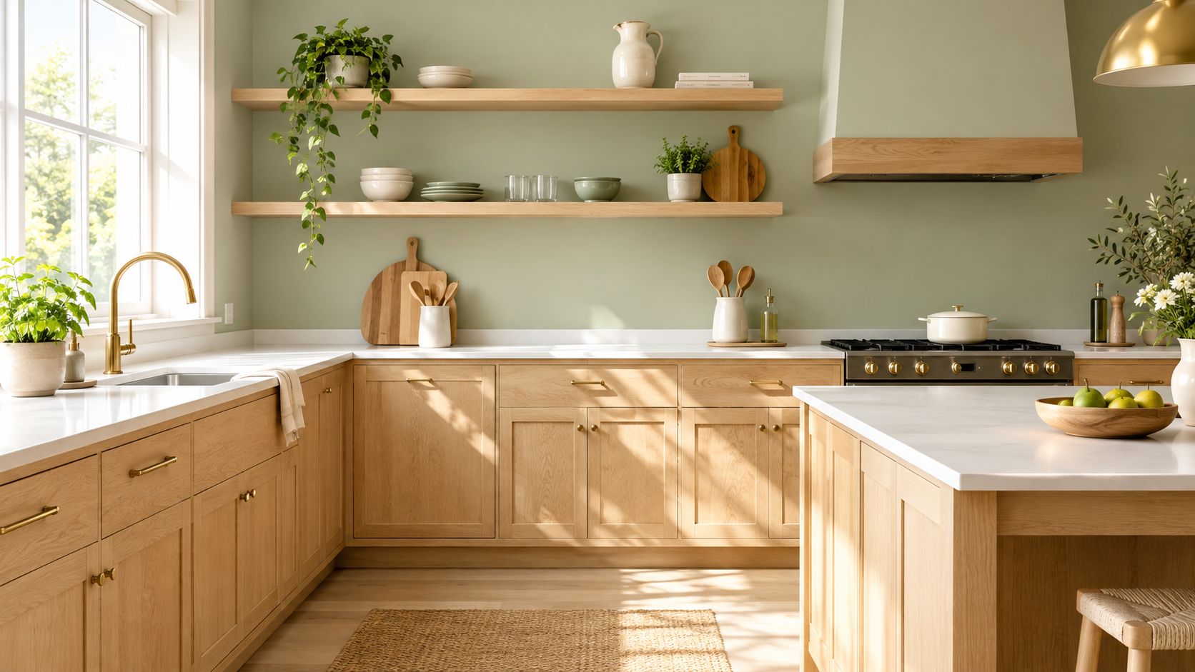 A modern kitchen with natural wood cabinets, light green walls, open shelving, and a marble countertop.