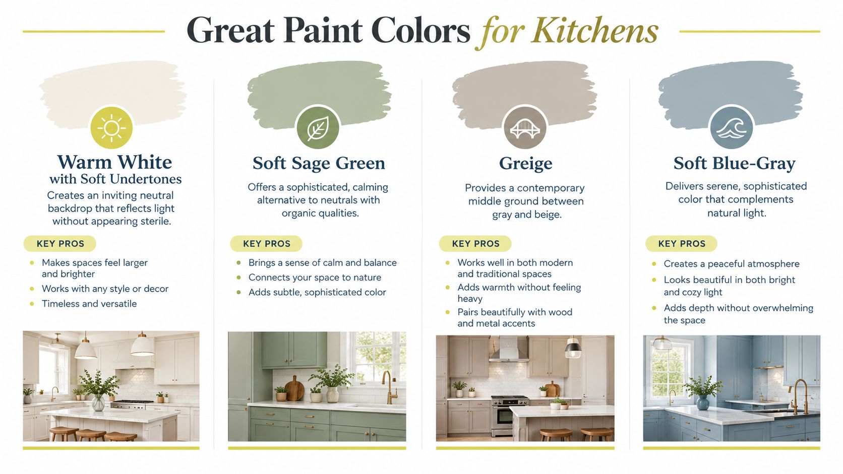 A color palette guide featuring four recommended kitchen paint colors with descriptions, pros, and example kitchen photos.
