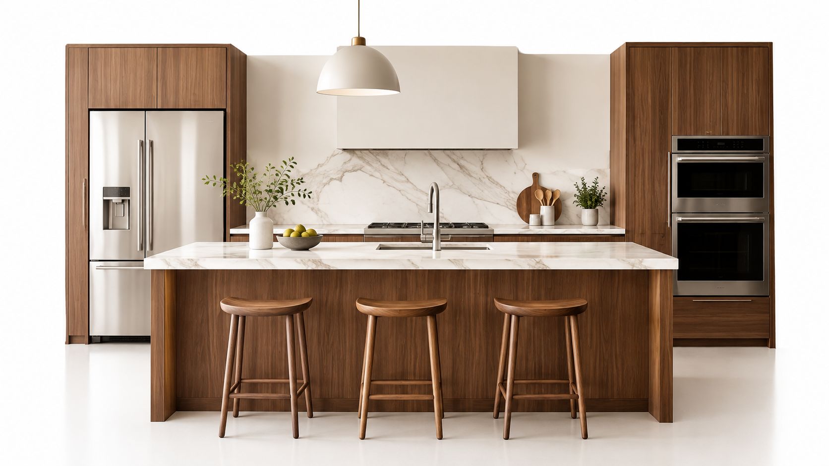 A modern kitchen interior featuring rich walnut cabinetry, a marble-topped island, and sleek stainless steel appliances.