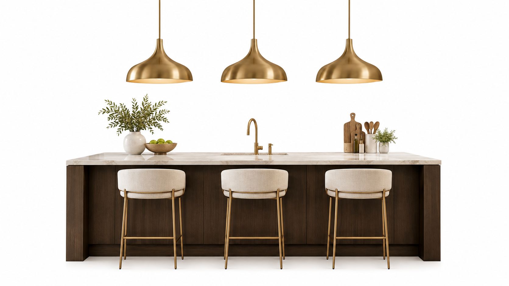 A luxurious kitchen island with three bar stools and gold pendant lights set against a white background.