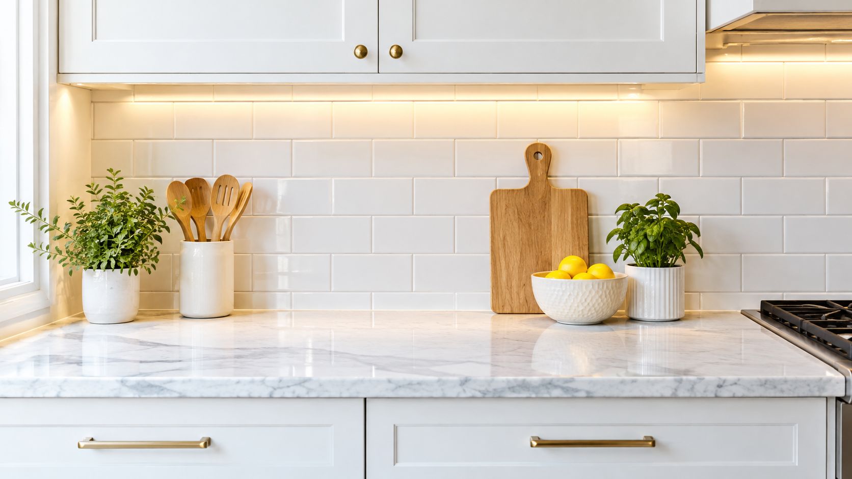 A clean white modern kitchen countertop with marble texture, a potted plant, wooden utensils, and fresh lemons.