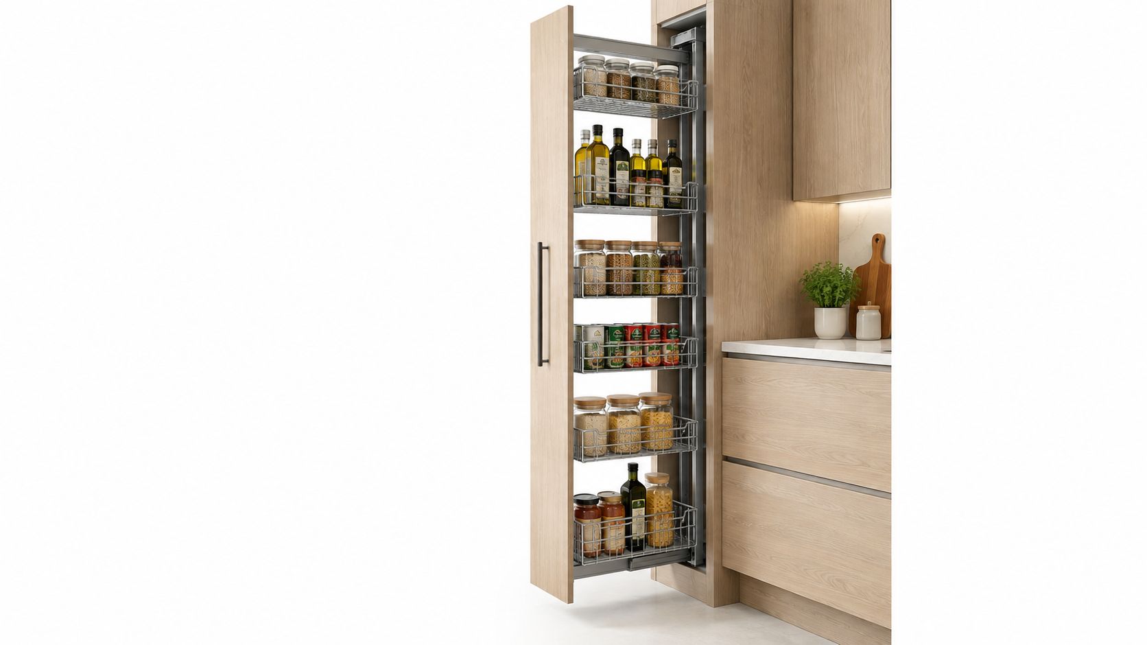 A pull-out kitchen pantry cabinet unit featuring wire shelves filled with jars, bottles, and food containers.