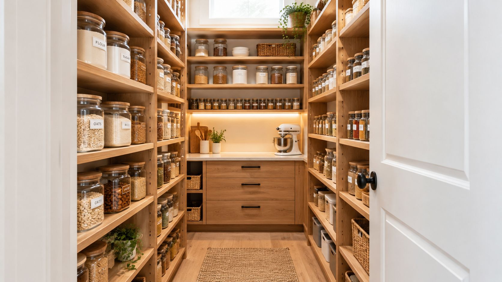 A neatly organized walk-in pantry featuring wooden shelves stocked with clear glass jars of dry goods.