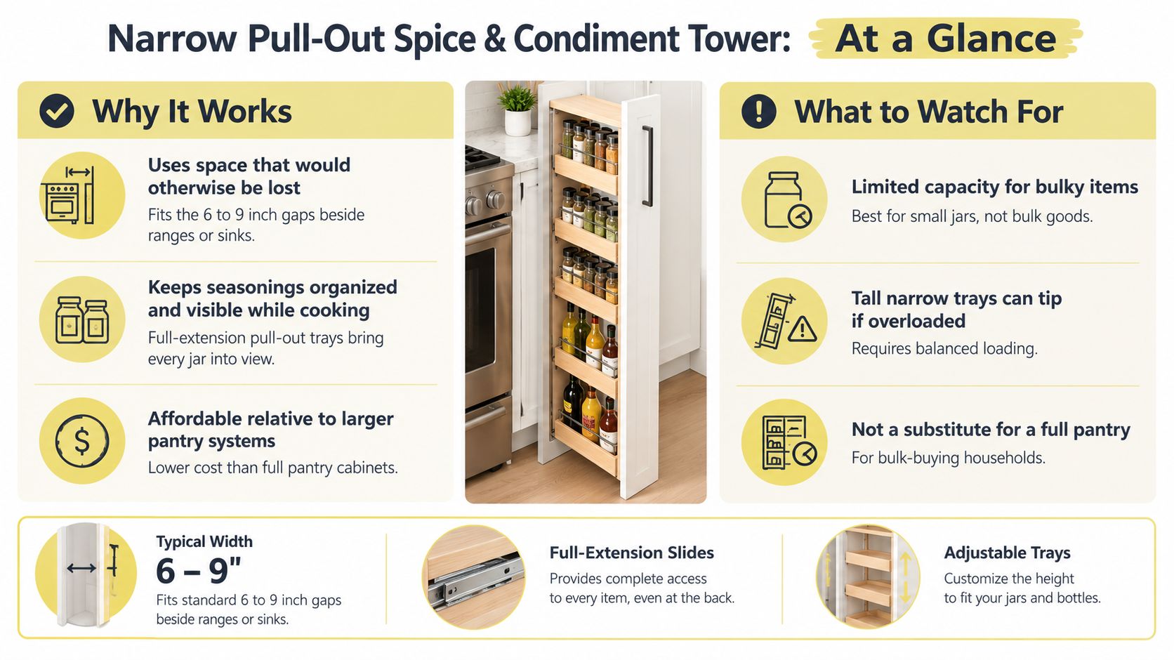 A diagram showcasing the features, benefits, and limitations of a narrow pull-out spice and condiment tower for kitchens.