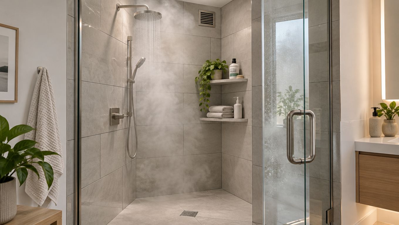 A modern walk-in shower with beige ceramic tiles, steaming rainfall showerhead, glass door, and a floating corner shelf.