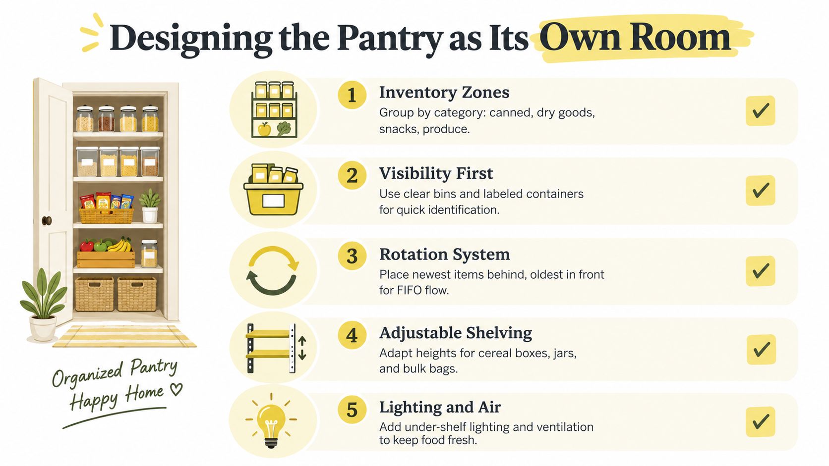 An infographic showing five tips for designing an organized walk-in pantry, including shelving and storage strategies.
