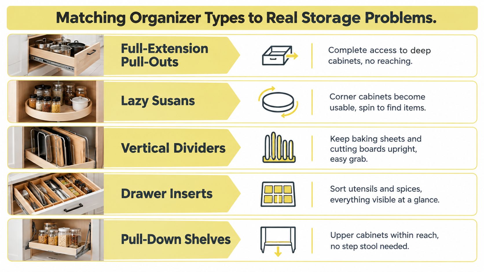 A chart showing various kitchen cabinet storage organizer types matched with their specific functions for better organization.