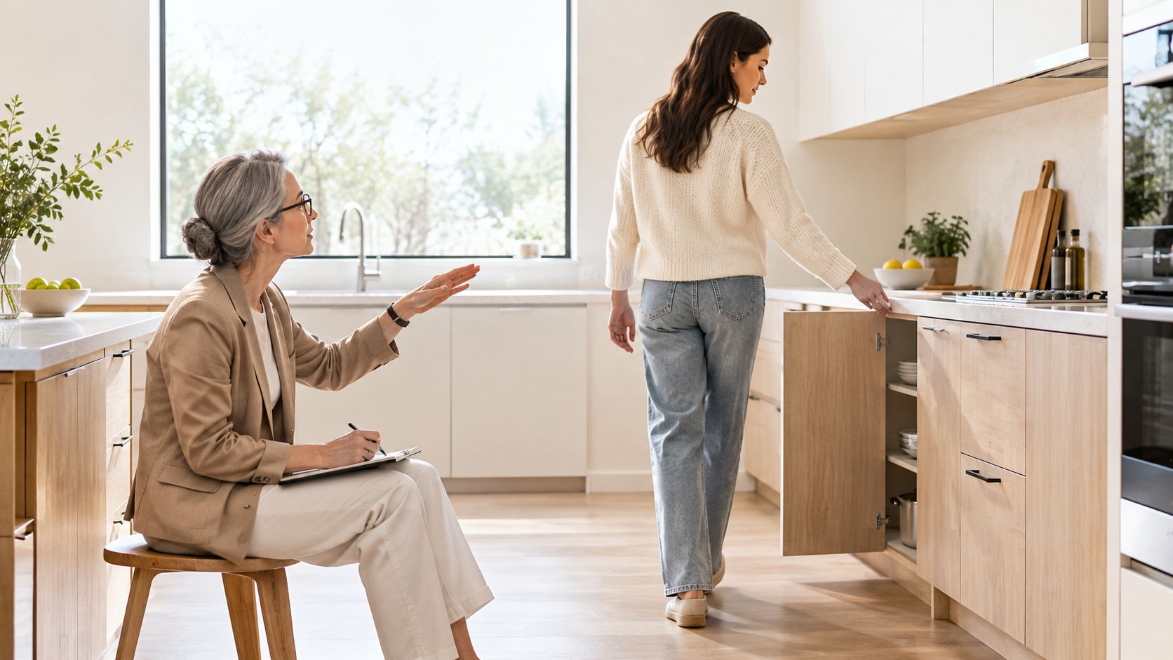 A professional interior designer consults with a client in a modern kitchen while evaluating custom cabinetry solutions.