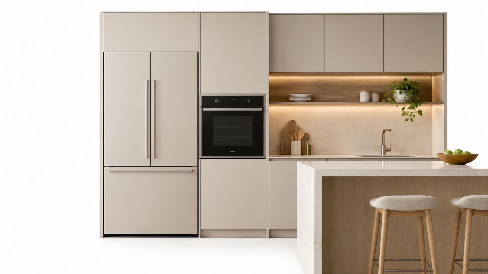 A modern kitchen design featuring a sleek beige refrigerator, built-in oven, minimalist cabinetry, and a stone island.