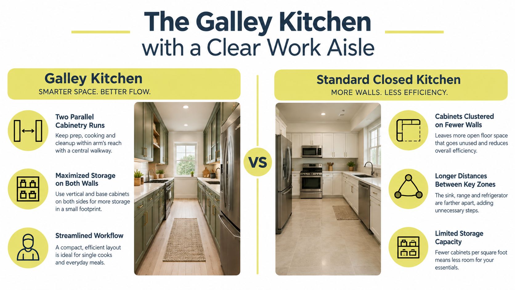 A comparison infographic between efficient galley kitchen layouts and less efficient standard closed kitchen designs.