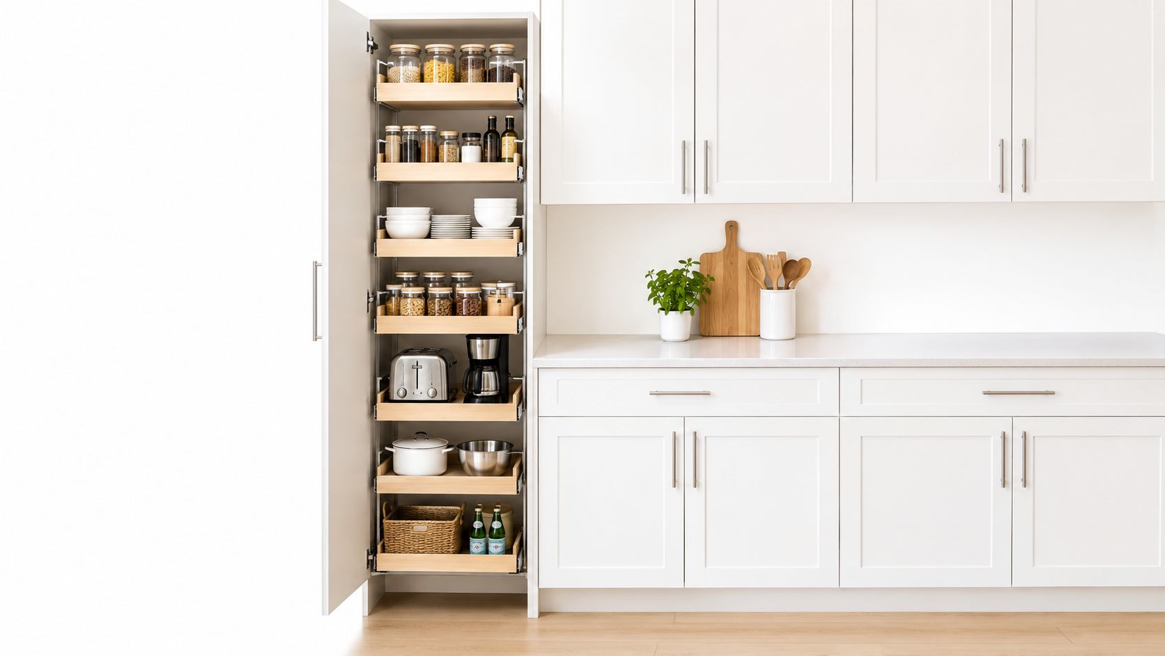 A modern white kitchen features a tall pull-out pantry cabinet organized with various food jars and kitchen appliances.