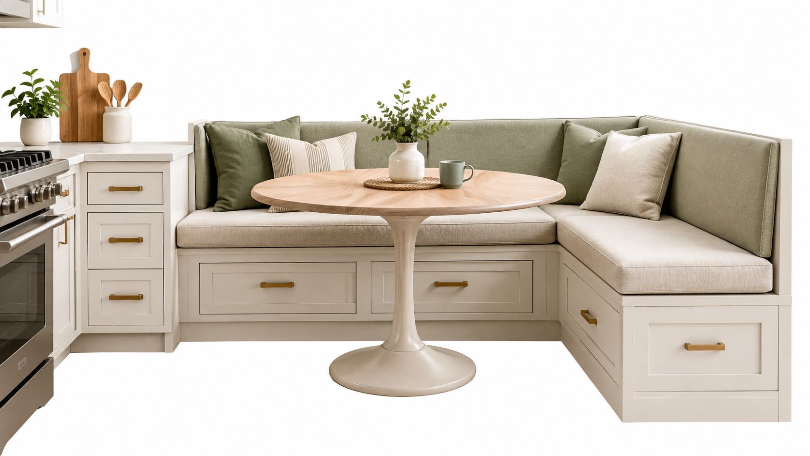 A modern kitchen breakfast nook featuring a built-in corner bench with drawers and a round wooden table.
