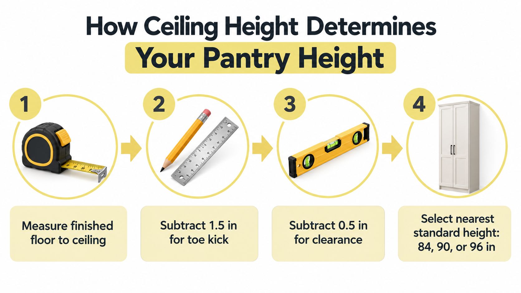 A four-step infographic explaining how to calculate the correct pantry cabinet height based on ceiling measurements.