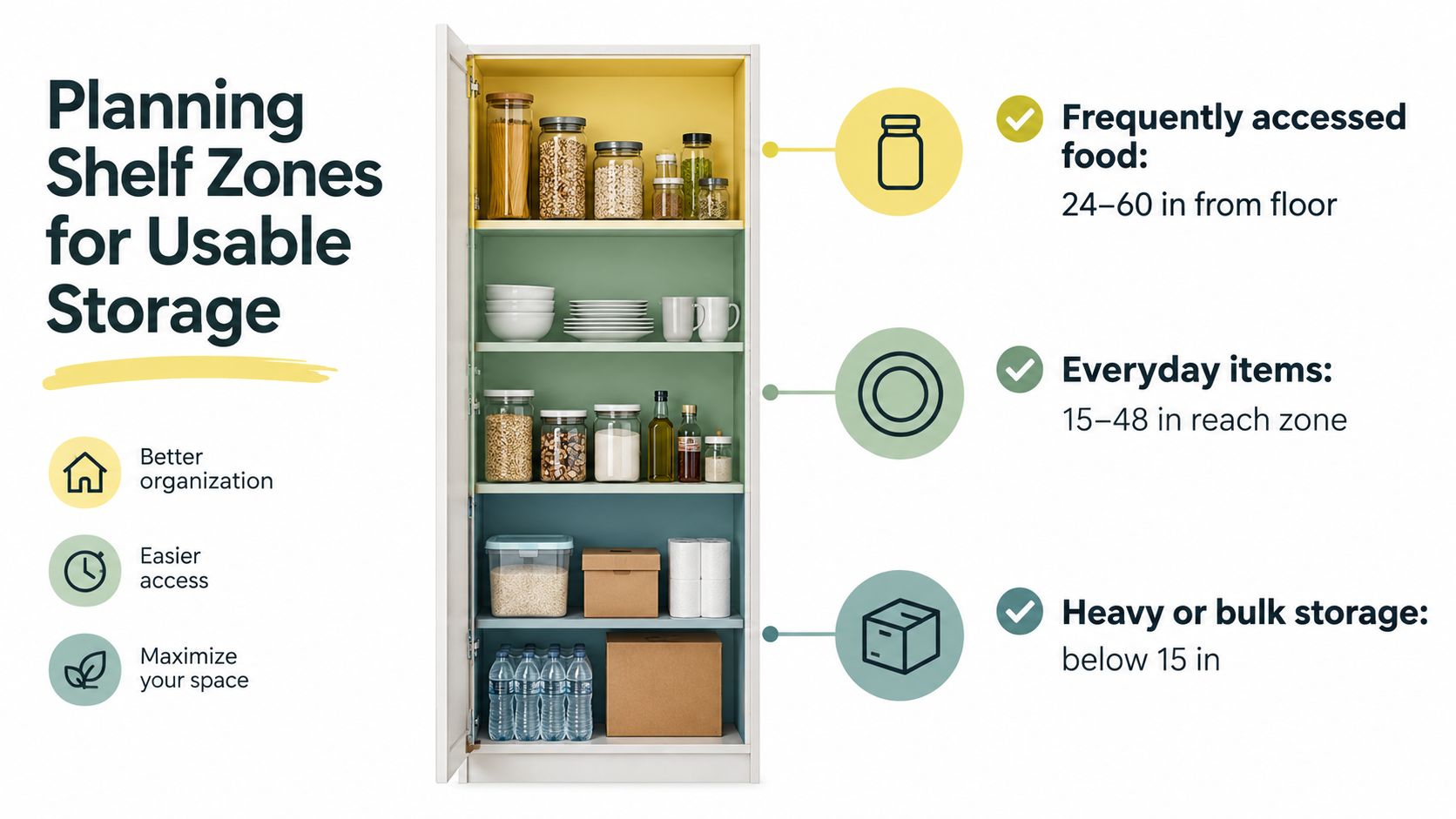A diagram demonstrating how to organize pantry cabinets with different shelf zones based on storage height.